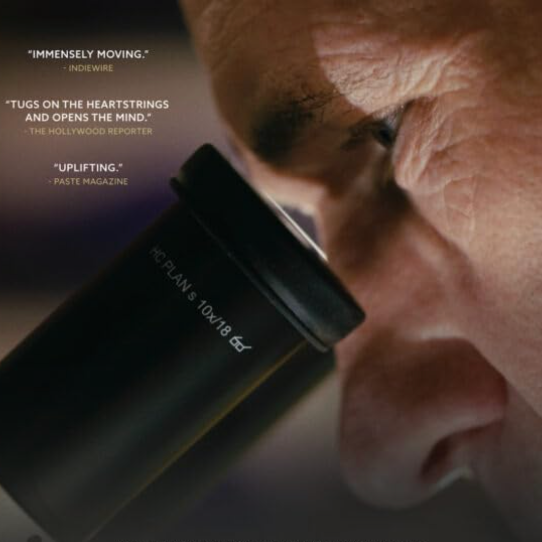 Person looking through a telescope with quotes from reviews about the telescope's quality.