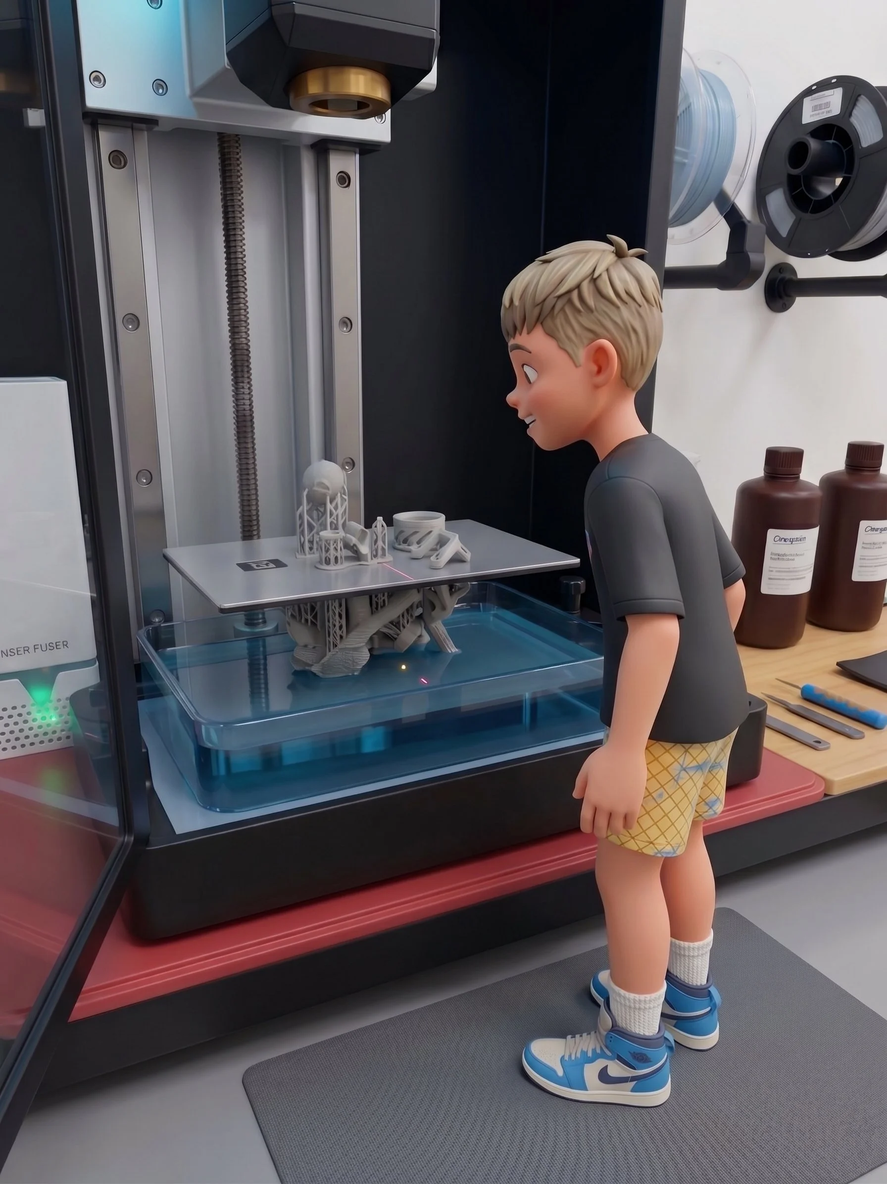 A cartoon boy wearing blue and white sneakers, beige shorts, a dark gray t-shirt, and white socks watching a 3D printer machine in action, with a small model printed on the printer's platform.