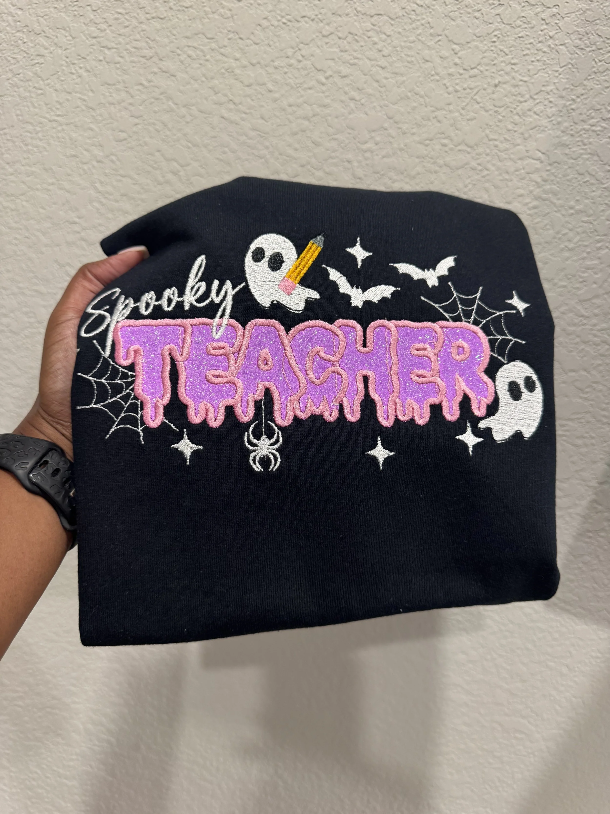 Spooky Teacher Glitter Appliqué Crewneck sweater