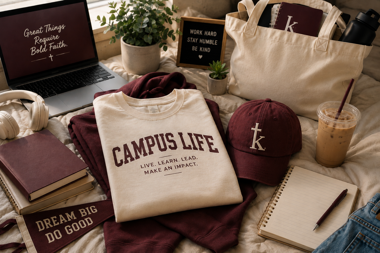 Campus Life apparel displayed with books, notebooks, coffee, a laptop and other college essentials, celebrating learning, growth and making an impact.