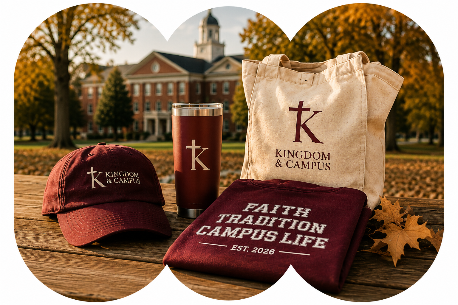 Kingdom & Campus brand display featuring the Cross K logo in a collegiate outdoor setting, representing faith, tradition, and campus life.