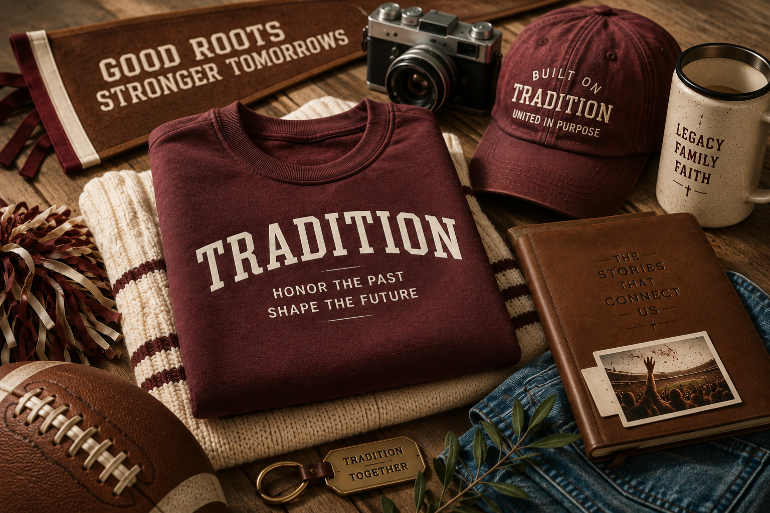Tradition-inspired apparel displayed with nostalgic campus keepsakes, books, coffee and vintage details celebrating memories that last.