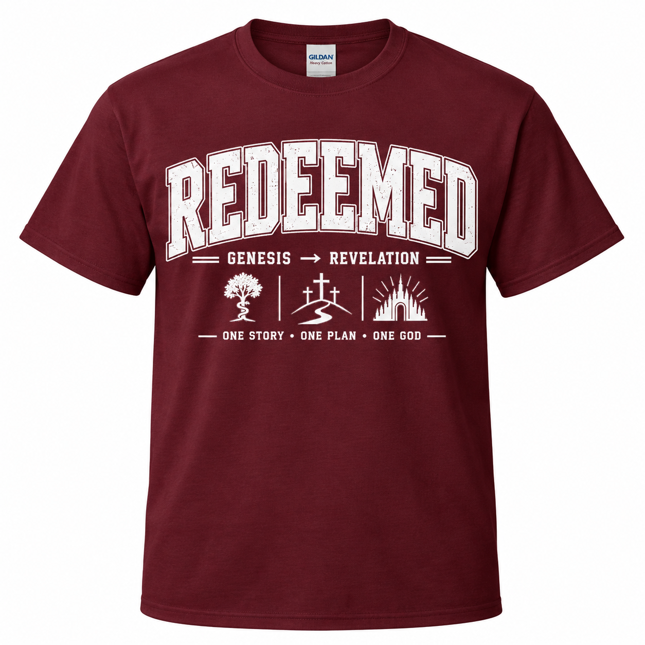 Maroon T-shirt featuring the word REDEEMED with white faith-inspired graphics, including a tree, cross, and church, representing God's redemptive story.