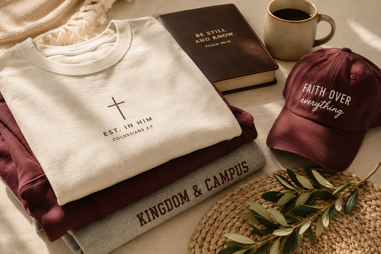 Faith-inspired apparel displayed with a Bible, journal and coffee, reflecting a quiet moment of faith and encouragement.