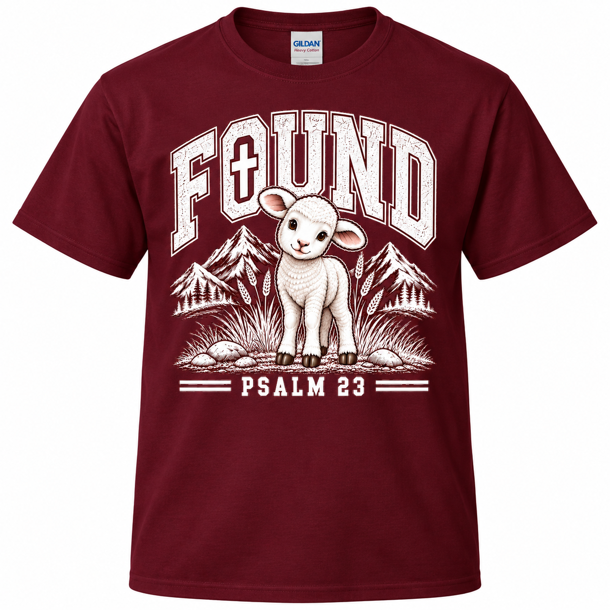Maroon T-shirt featuring a lamb with mountains and trees, the word "FOUND," and Psalm 23 in a faith-inspired design.