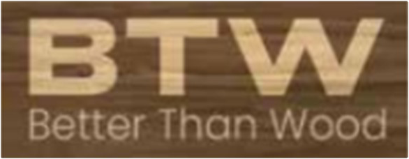 Logo with large letters 'BTW' and smaller text 'Better Than Wood' on a wooden background.