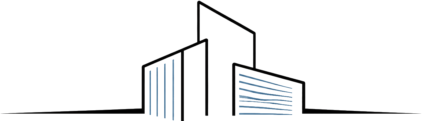 Line drawing of modern skyscrapers with blue accents.