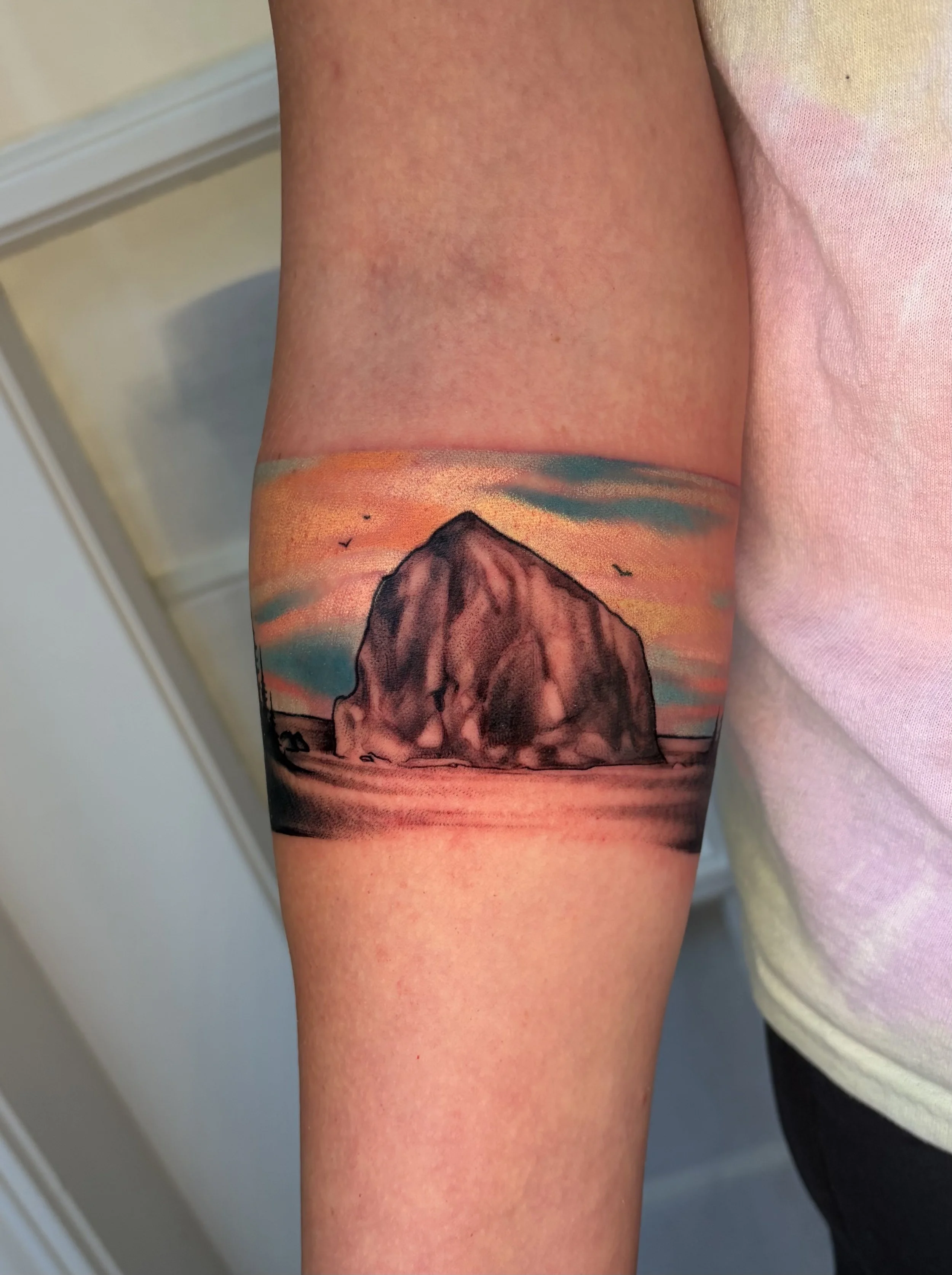 Colorful tattoo of a mountain and a sunset on a person's arm.