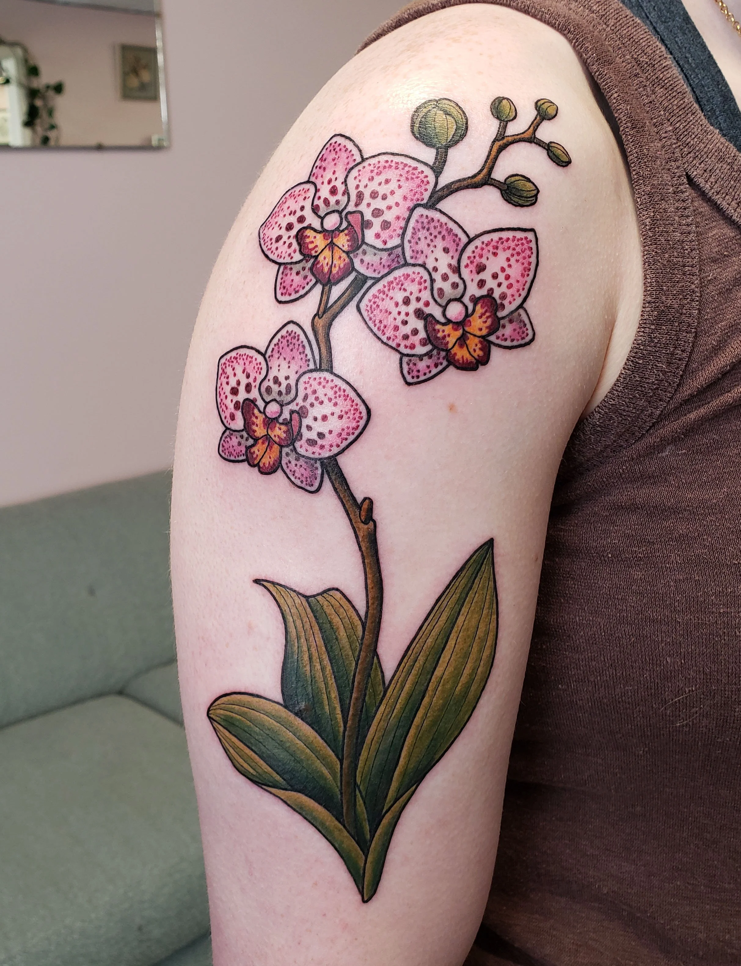 Colorful orchid flower tattoo with green leaves on person's upper arm.