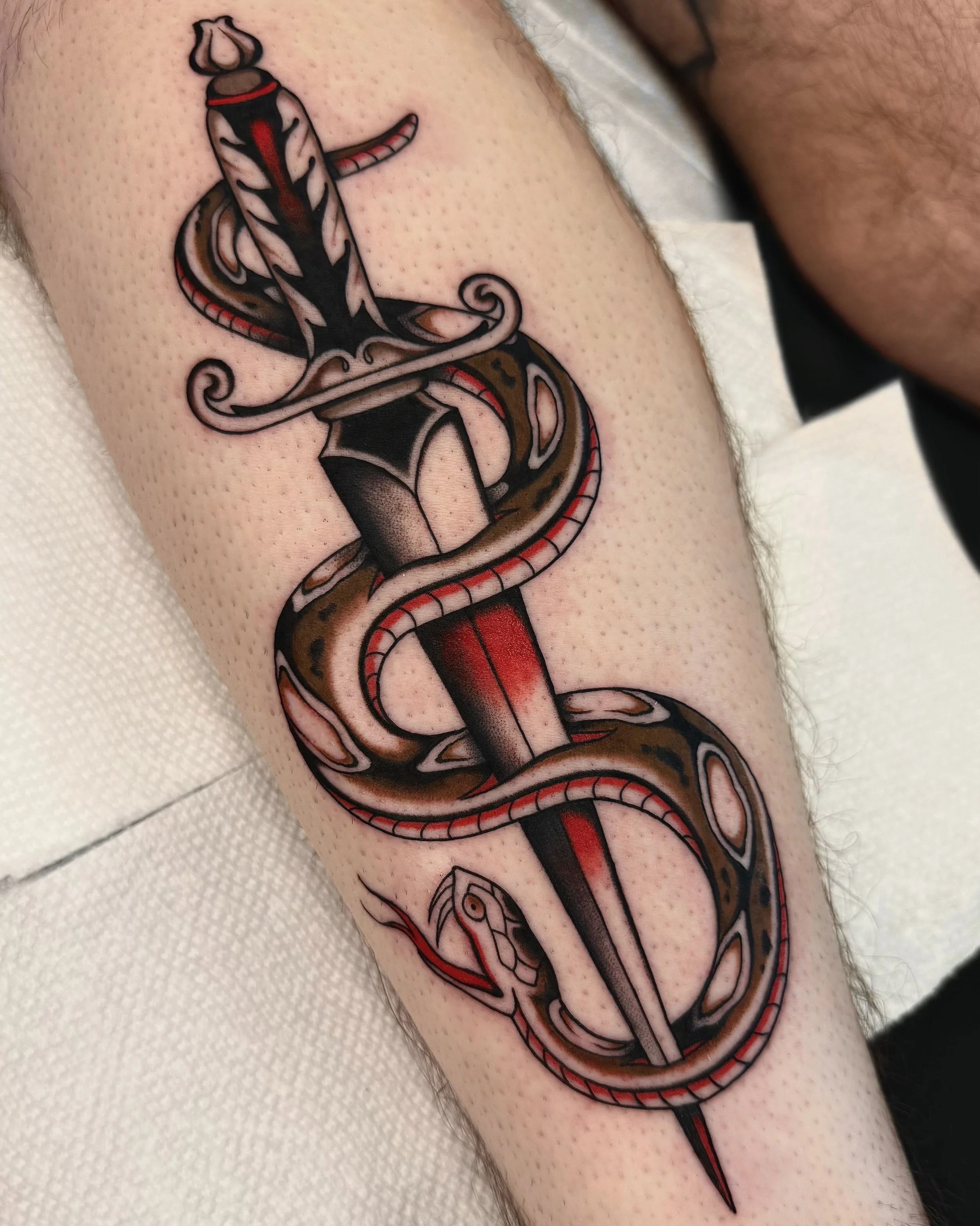 Tattoo of a snake wrapped around a dagger on a person's arm.