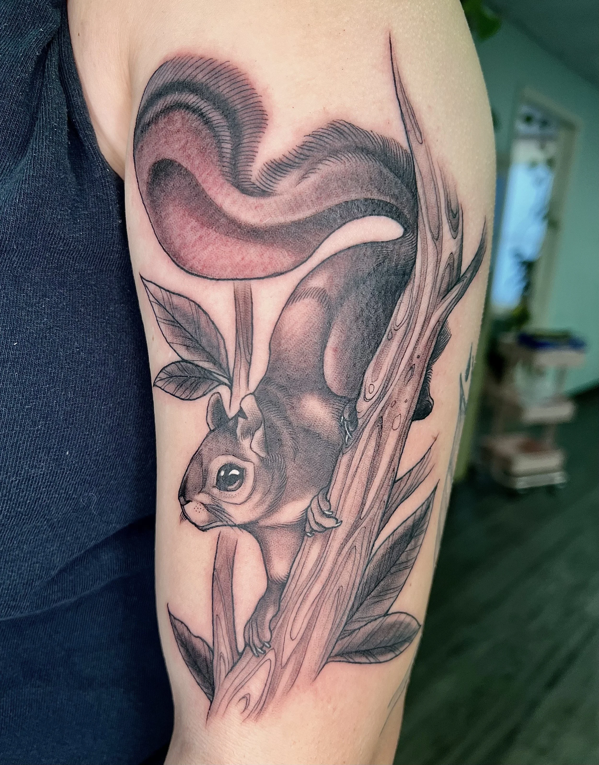 A black and gray tattoo of a squirrel on a branch. The tattoo is on a person's upper arm, with leaves and tree branches incorporated into the design.
