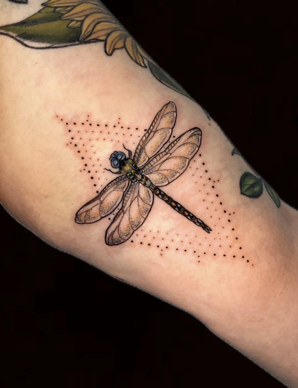 Tattoo of a detailed dragonfly with geometric-style dotted background on person's arm.