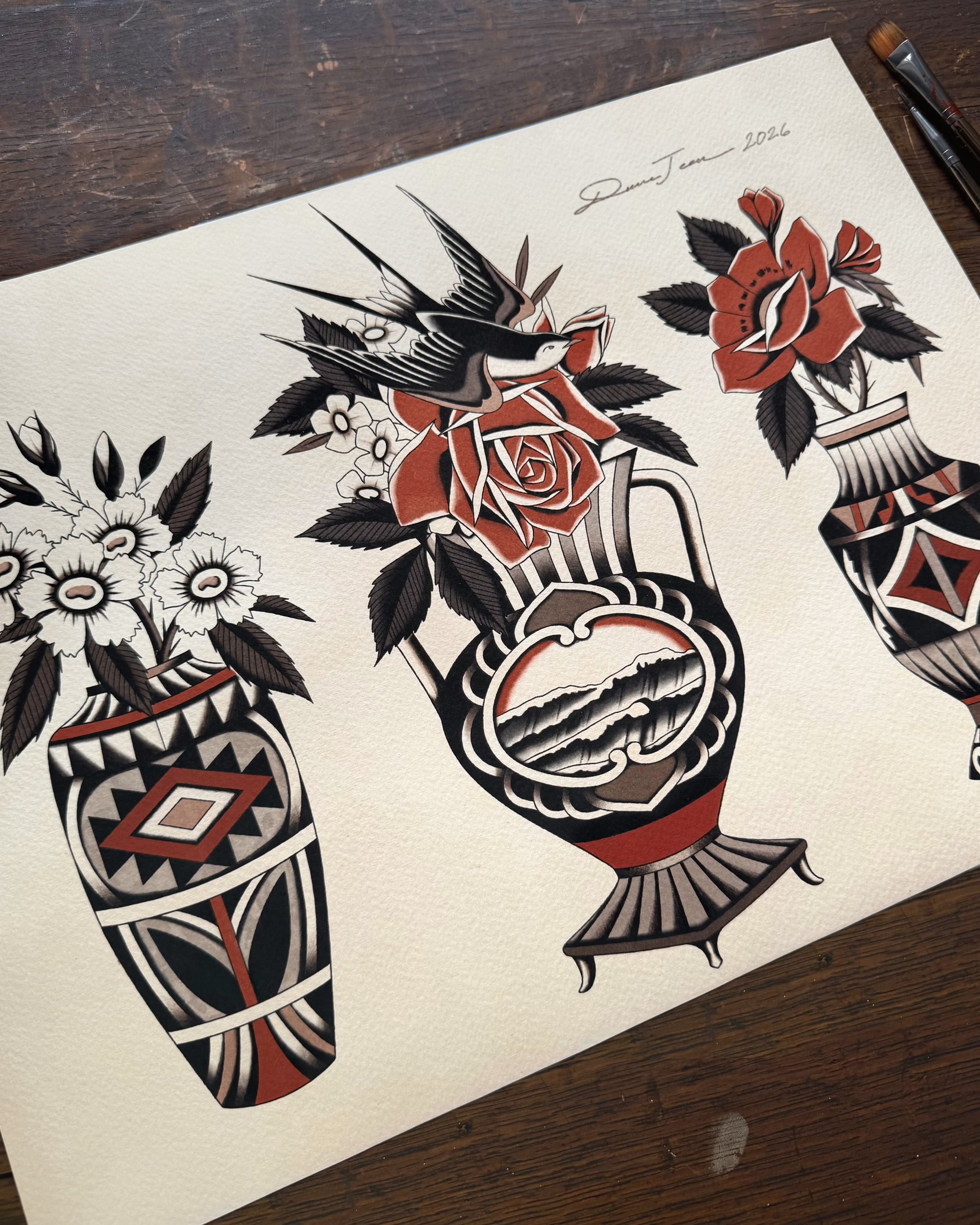 Painted tattoo designs of American Traditional flower vases with floral and geometric patterns, made by Donna Jean at Deja Vu Tattoo in Portland, Oregon.