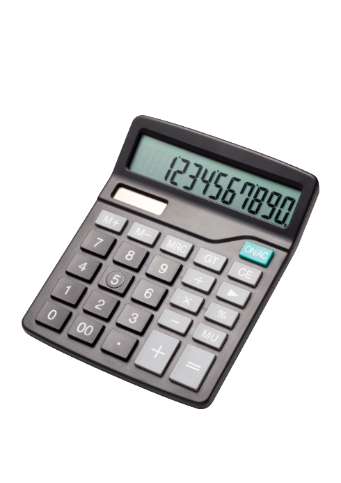 Gray calculator with black buttons and a green display showing numbers