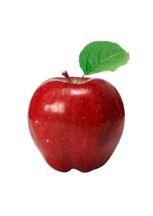 A red apple with a green leaf on a black background.