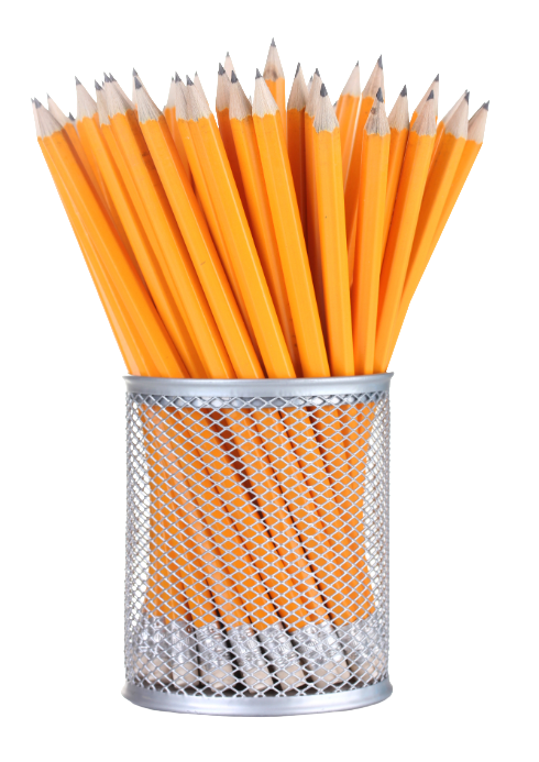 A silver mesh pencil holder filled with sharpened orange-colored pencils.