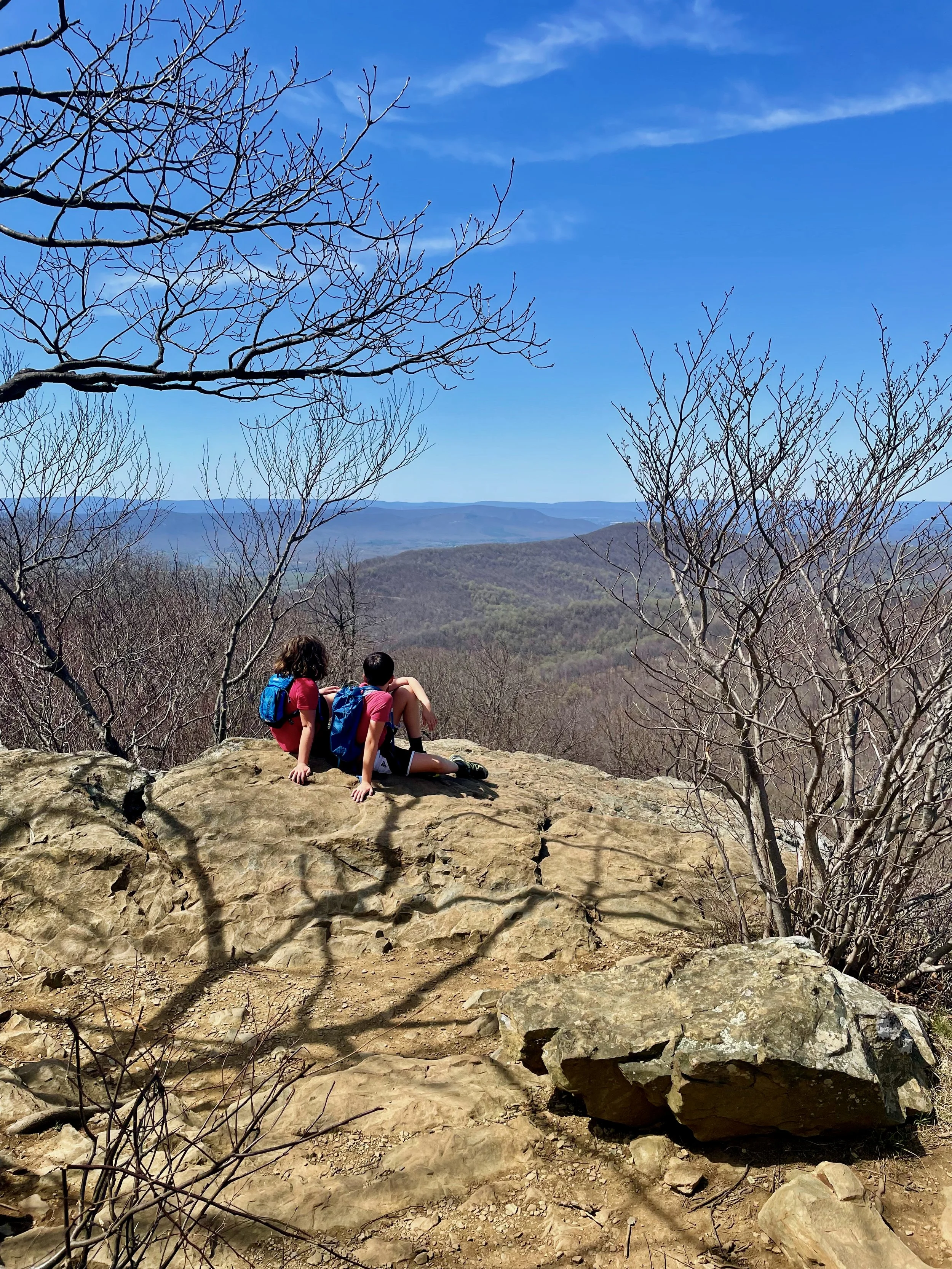 Two children with backpacks sitting on large rocks on a mountain lookout, overlooking distant rolling hills under a clear blue sky with some wispy clouds.
