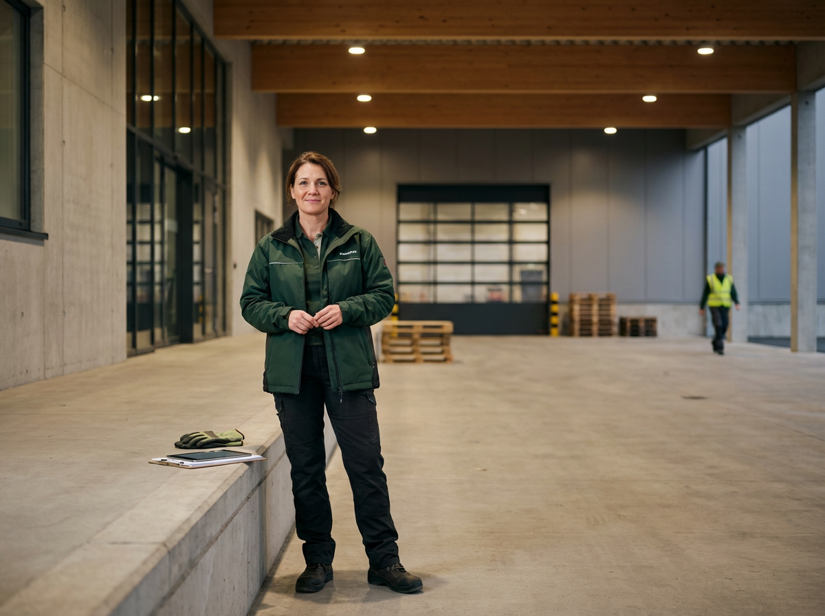 A woman in a green jacket and black pants standing against a concrete wall in an industrial building with high ceilings and exposed wood beams, with another worker in a yellow safety vest walking in the background.