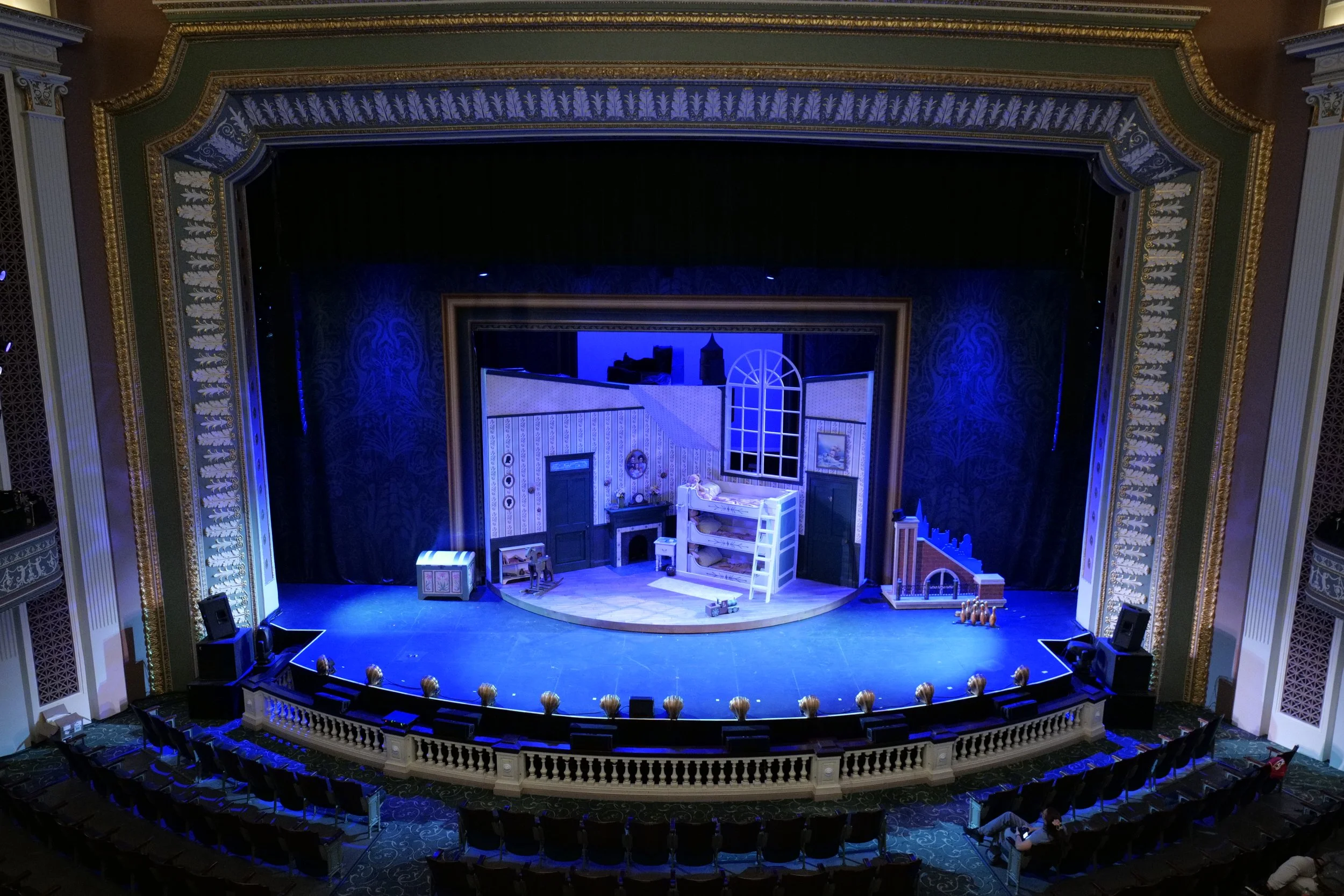 Peter Pan Goes Wrong Nursery set in the Lucas Theatre, Savannah GA