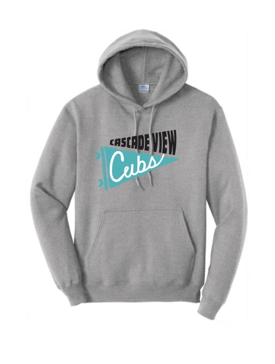 Gray hoodie with 'CASCADE VIEW Cubs' logo in black and teal on the front.