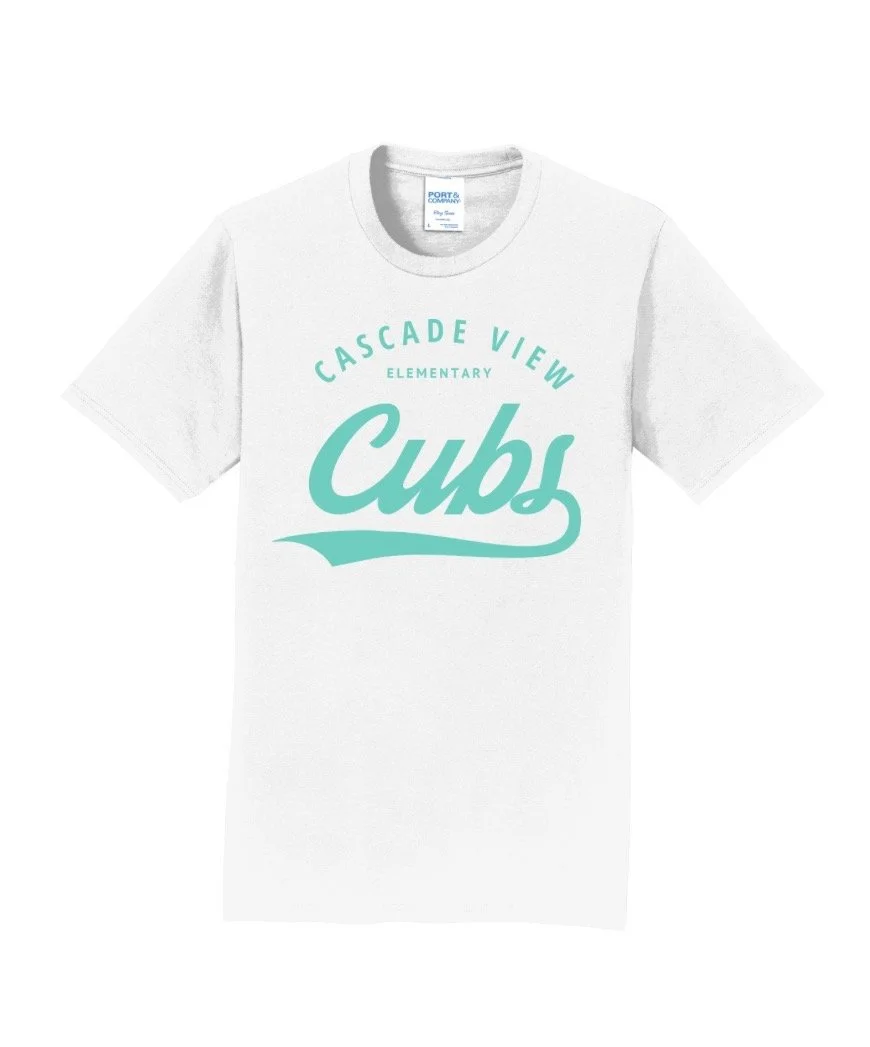 White T-shirt with teal text that reads 'Cascade View Elementary Cubs'.