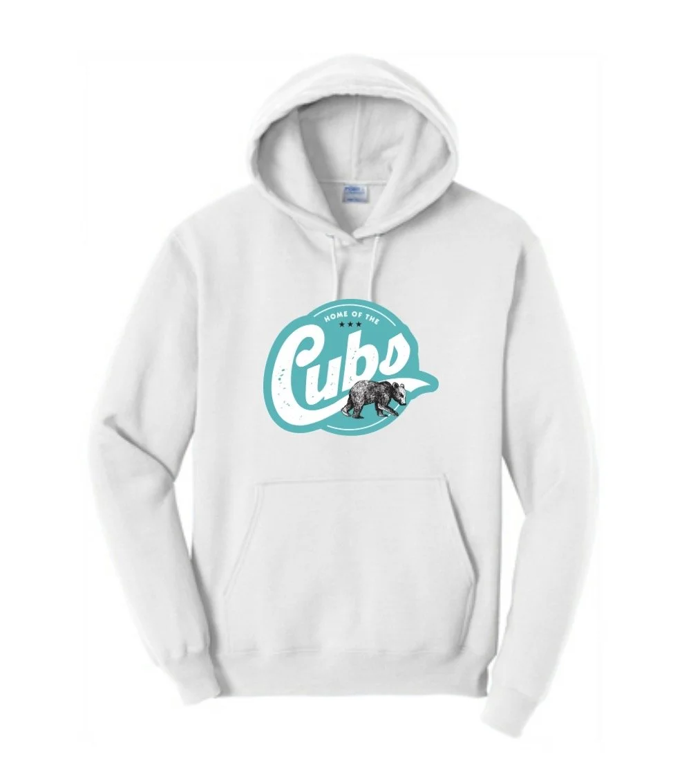 White hoodie with the Chicago Cubs logo featuring a bear and the text "Home of the Cubs."