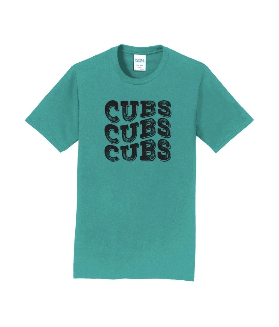 A teal T-shirt with the word 'CUBS' repeated three times in large, black, distressed font.