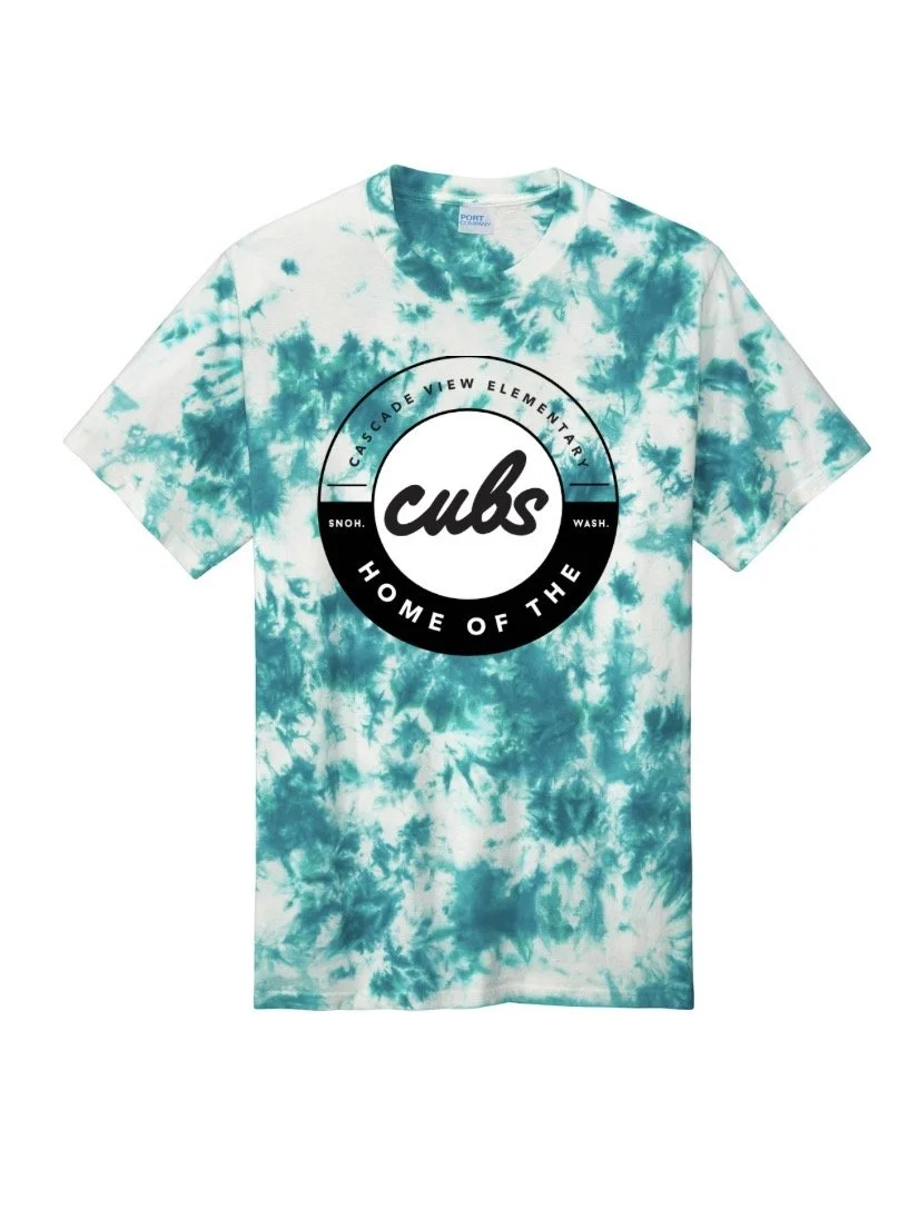 Blue and white tie-dye t-shirt with a circular logo in the center reading "Cubs Home of the" with "Cascade View Elementary" around the top and "Snoh. Wash" on the sides.