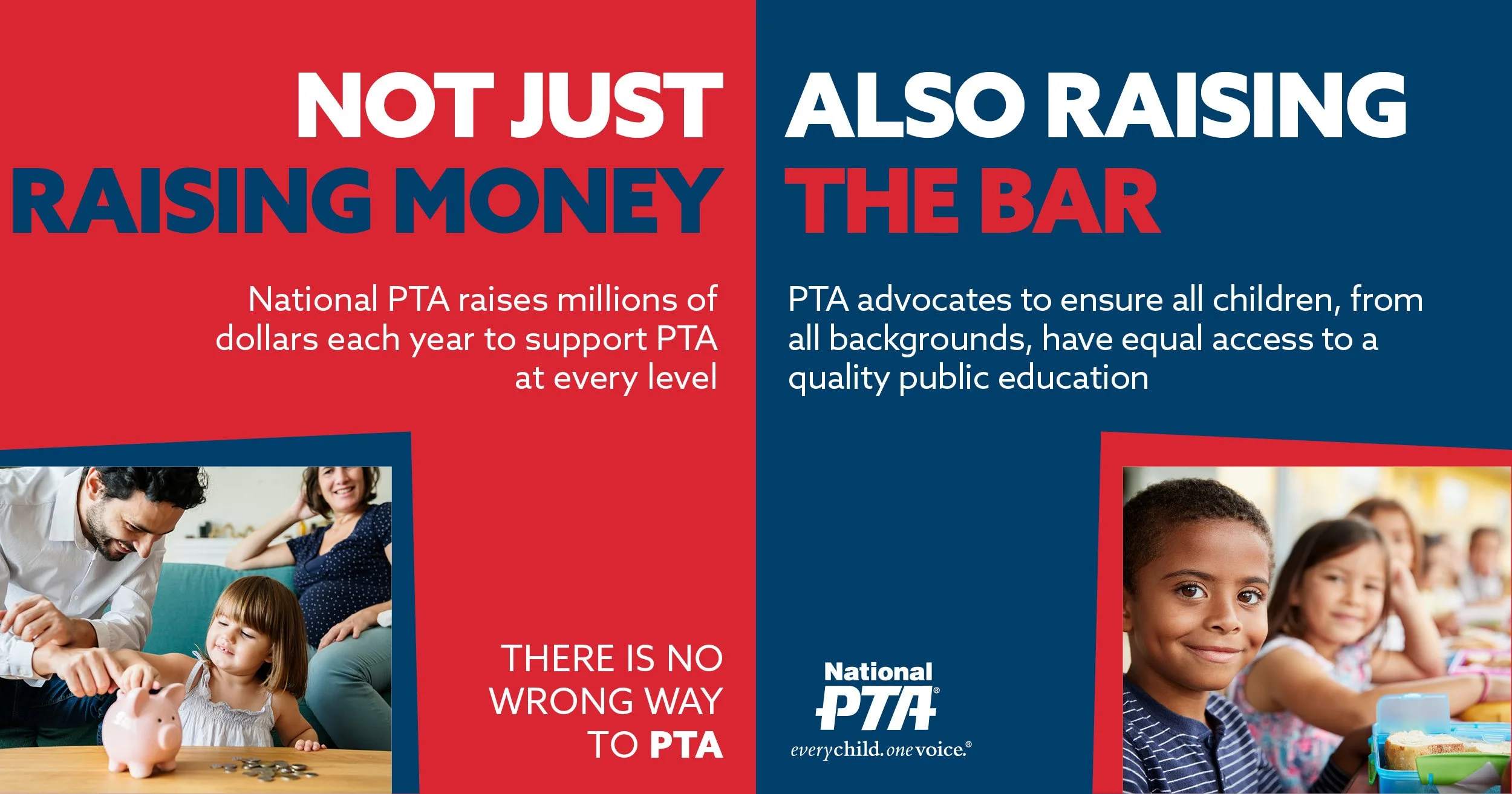 A promotional graphic for the National PTA emphasizing the dual role of raising money and advocating for children's education, featuring children and adults in learning and social settings.