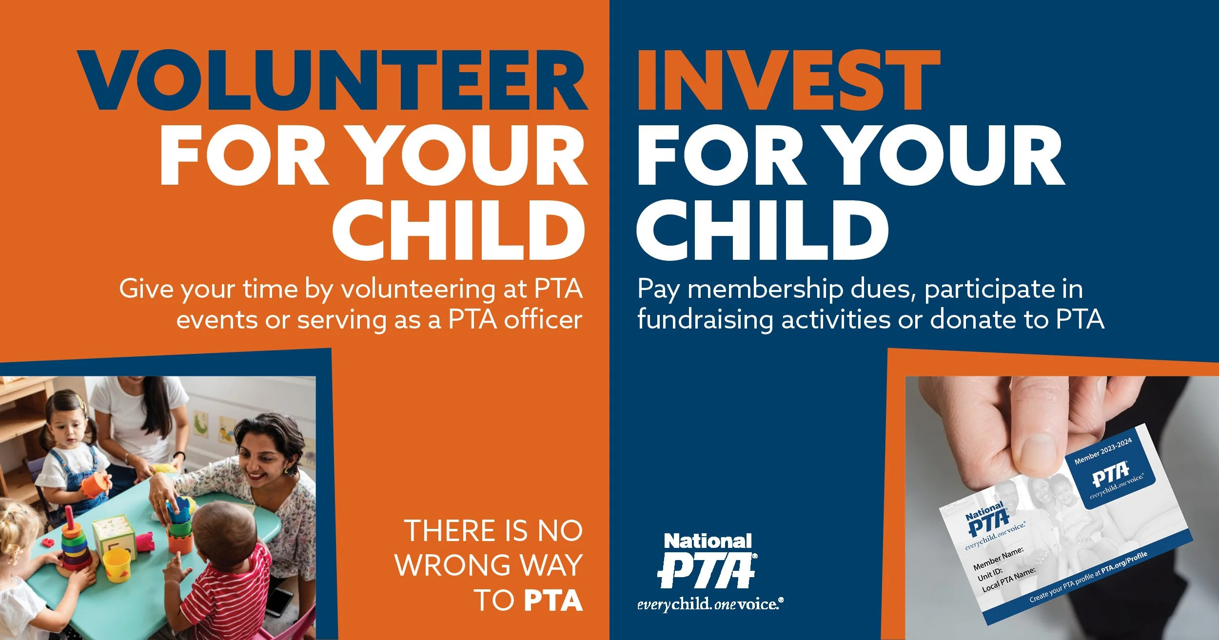 Poster with text promoting volunteer opportunities and membership for PTA, featuring photos of children and adults participating in activities.