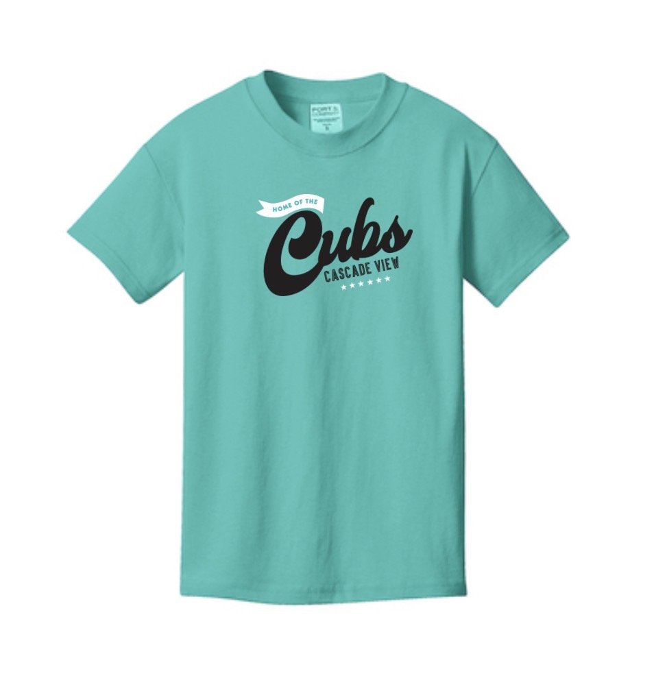 A light blue T-shirt with black and white text that reads "Home of the Cubs Cascade View" along with a star graphic.