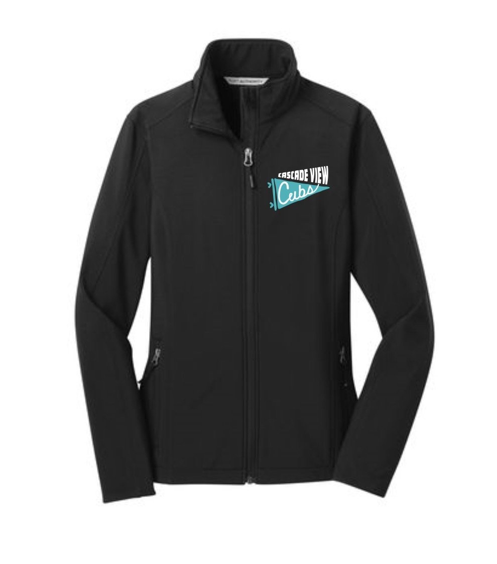 Black zip-up jacket with a logo on the left chest that reads "Cascade View Cubs" and features a teal pennant with white text and small decorative elements.