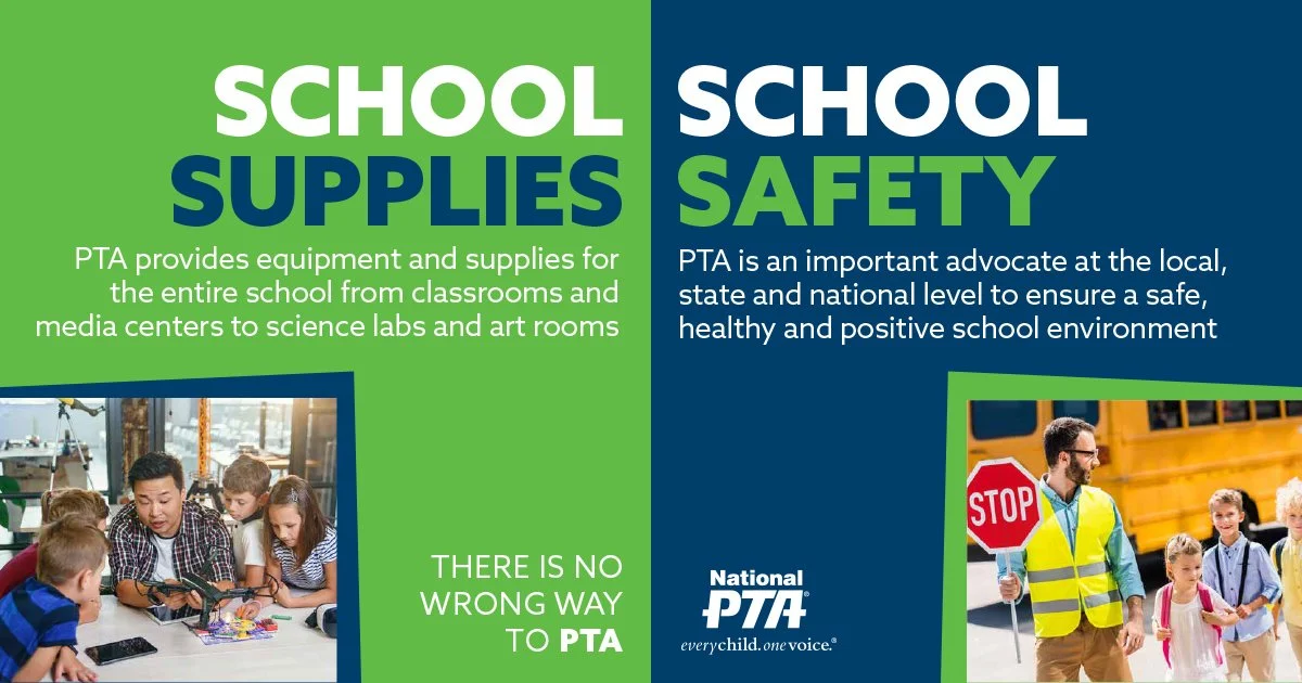 Infographic comparing school supplies and safety, featuring photos of children in a classroom and school crossing guard with students.