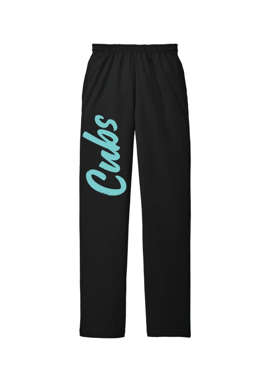 Black sweatpants with blue cursive text reading "Cubs" down the left leg.