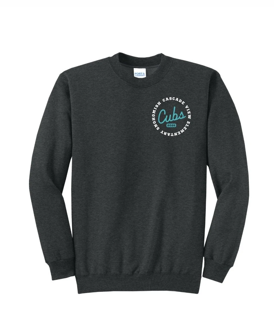 Dark gray sweatshirt with a circular logo on the upper left chest area that says "Cubs" in blue, surrounded by words "Cascade View Elementary School" and the year "2026."