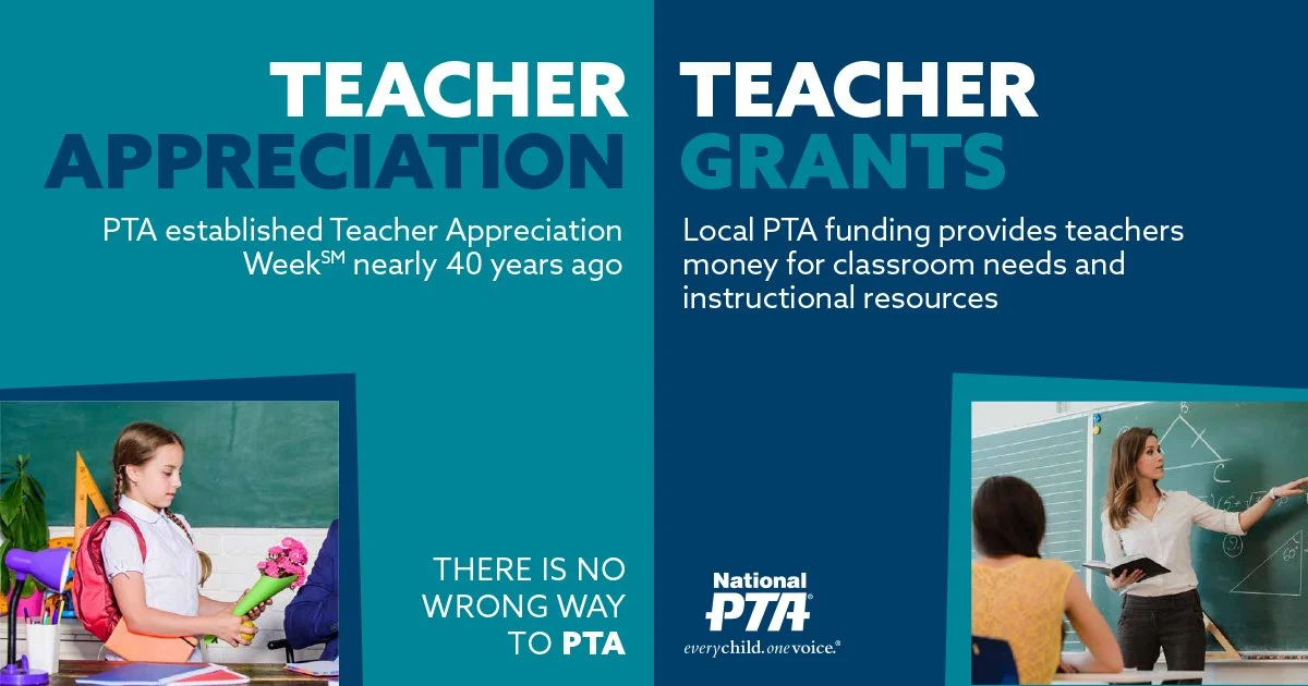 A split informational graphic about teacher appreciation and grants, with images of young students and a teacher in a classroom setting. The left side discusses the history of Teacher Appreciation Week, and the right side describes how PTA funding supports classroom needs.