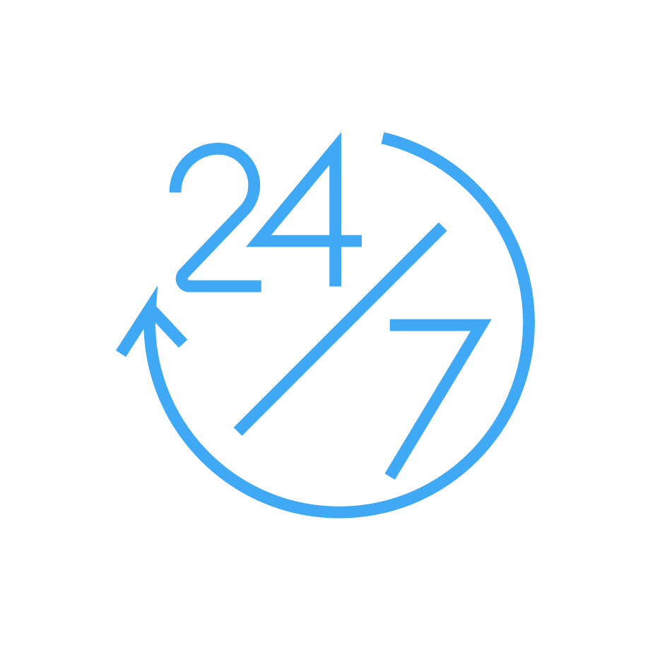 A clock icon with the numbers 24 and 7, indicating 24/7 service in blue outline on a white background.