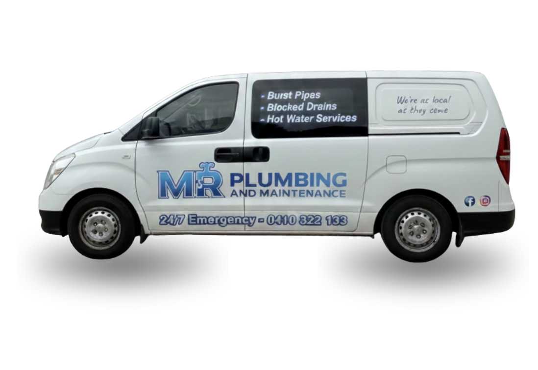 White plumbing service van with blue and black lettering, listing services like burst pipes, blocked drains, hot water services, and a contact number. Design includes social media icons and a slogan about being local.