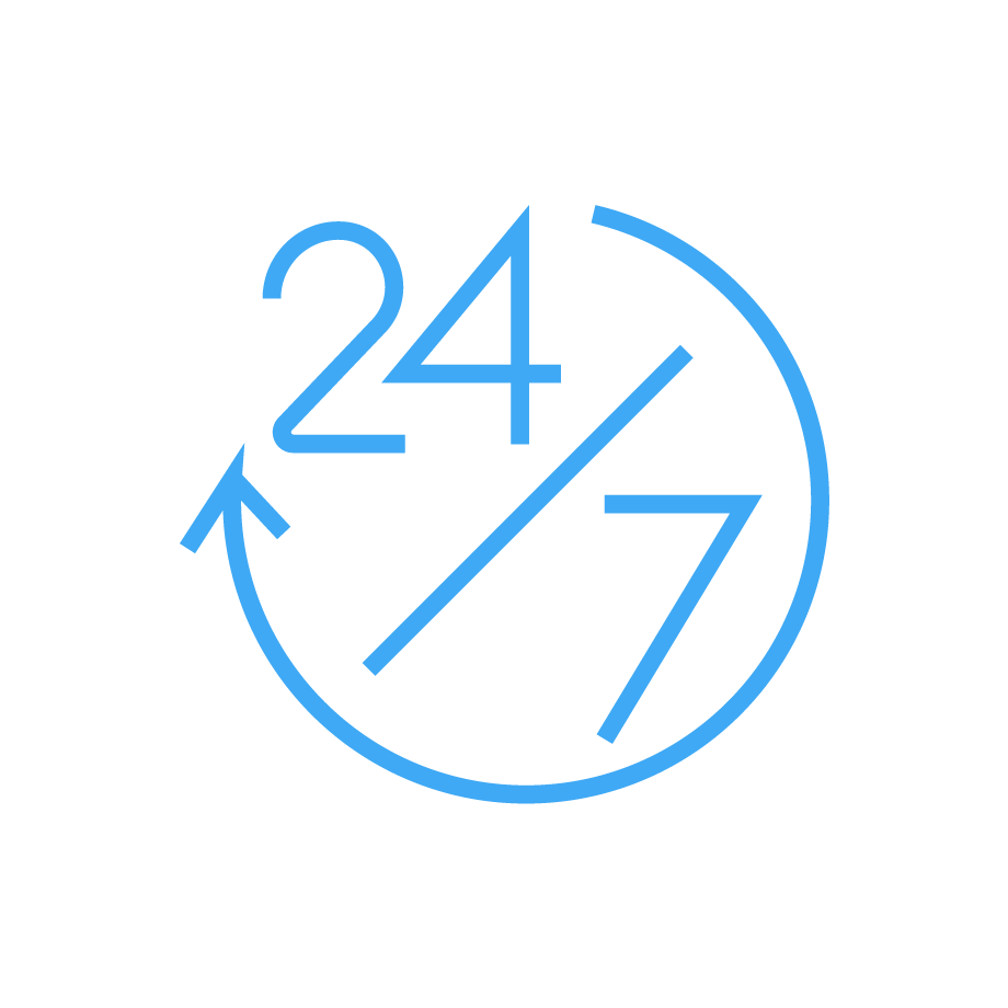 A clock icon with the numbers 24 and 7, indicating 24/7 availability, in blue on a white background.