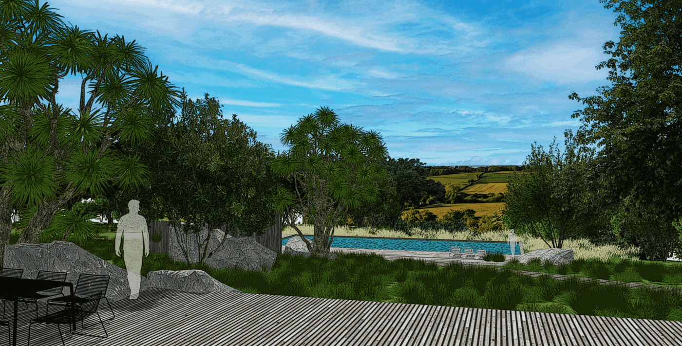 Contemporary garden design with timber deck, natural swimming pool and layered naturalistic planting.