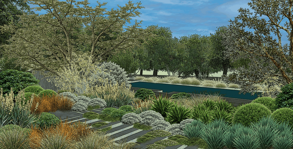 Naturalistic garden design with layered planting, stone paths, mature trees and water.