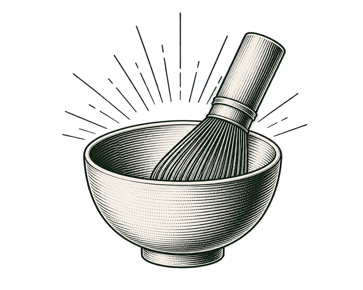 Black and white illustration of a bowl with a whisk inside it, radiating lines in the background.
