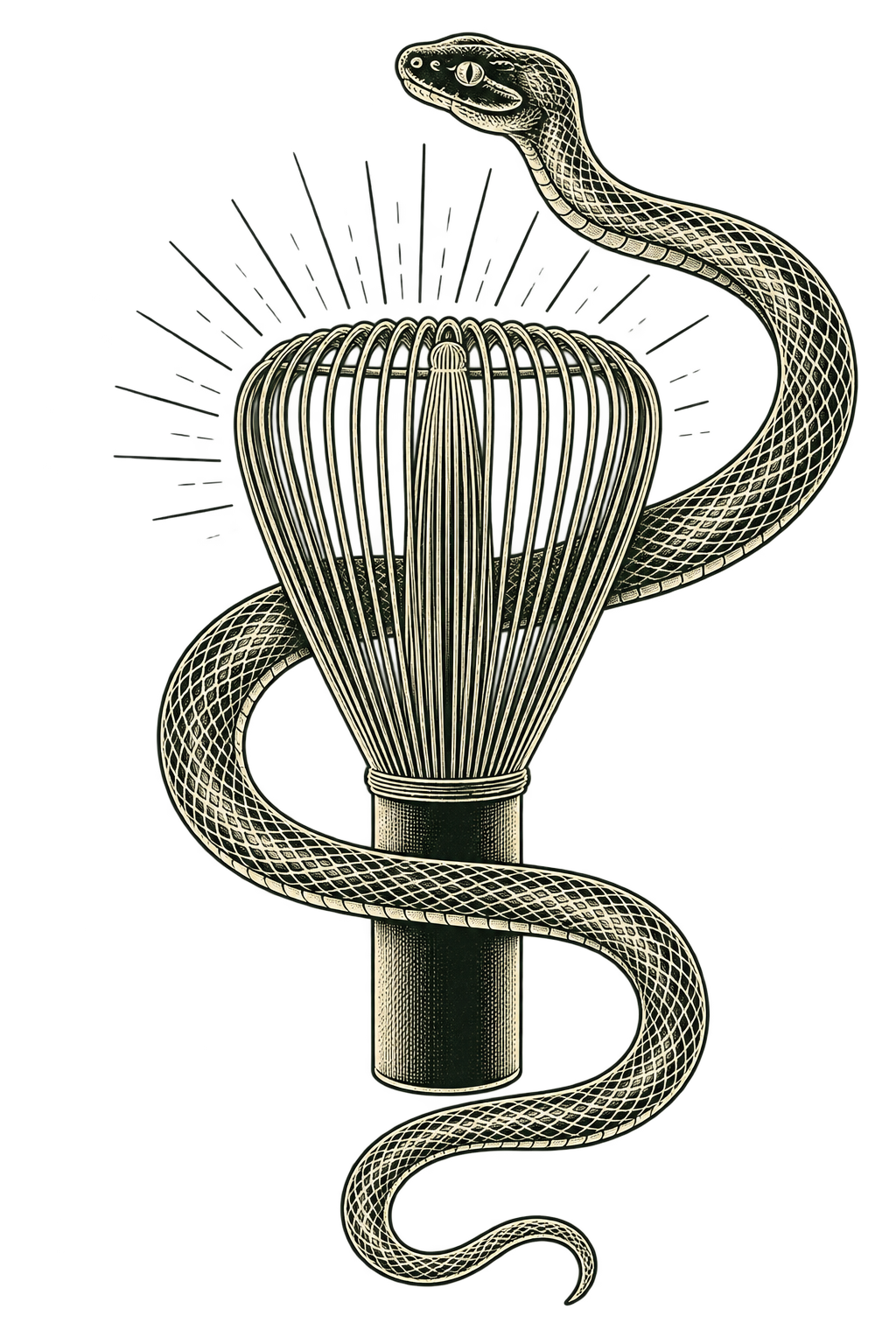 A vintage style illustration of a snake wrapped around a caduceus symbol with a winged staff.