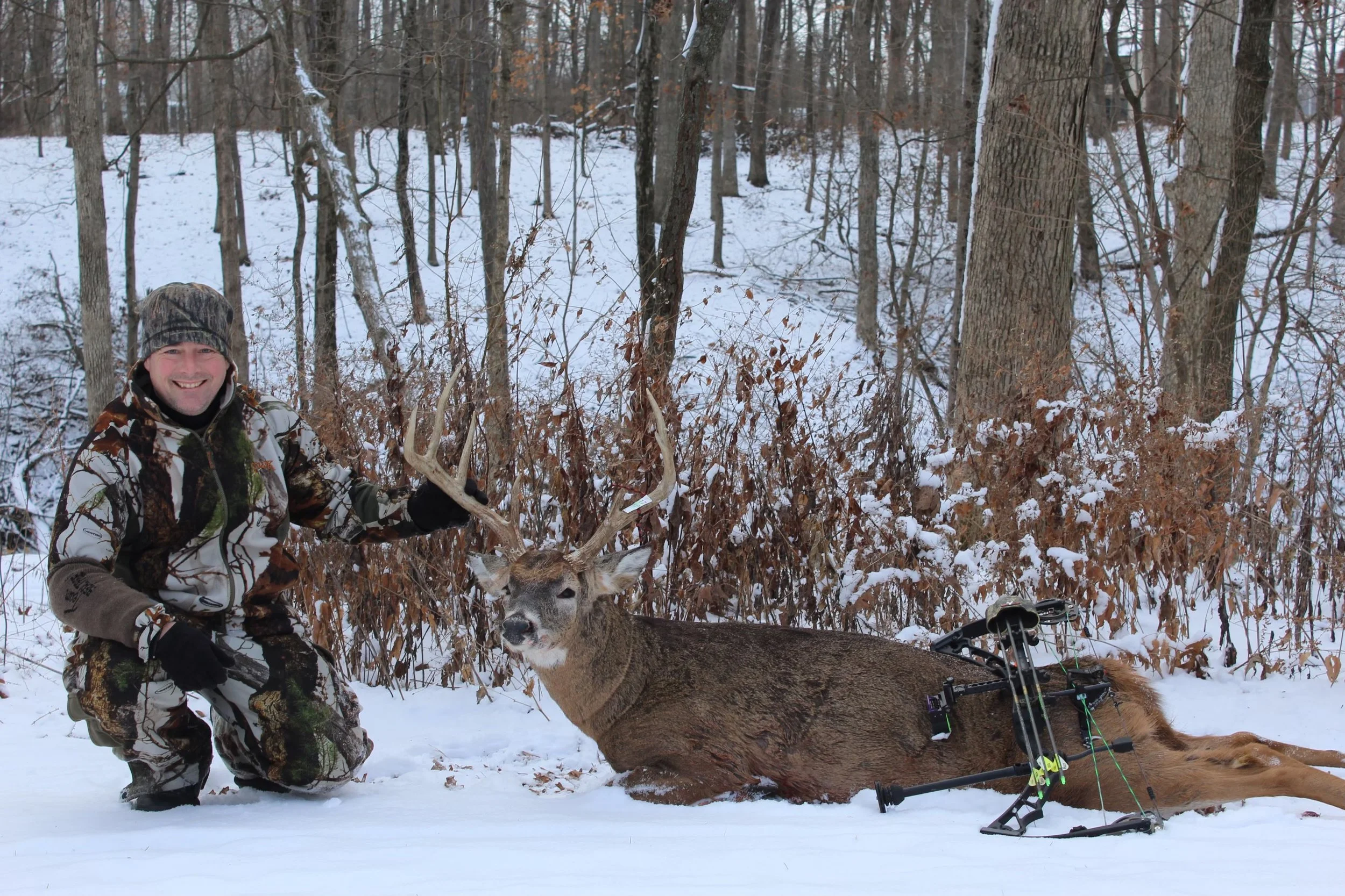 A man in camouflage clothing kneeling next to a fallen elk in a snowy wooded area, with a bow and arrows nearby.