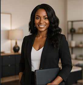 Businesswoman with dark hair smiling, holding a laptop, standing in an office setting.