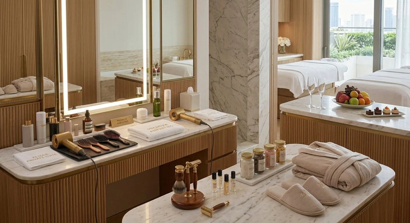 Luxury hotel bathroom with white marble surfaces, a vanity mirror with lights, grooming essentials, and a bedroom with two beds and large windows with city views.