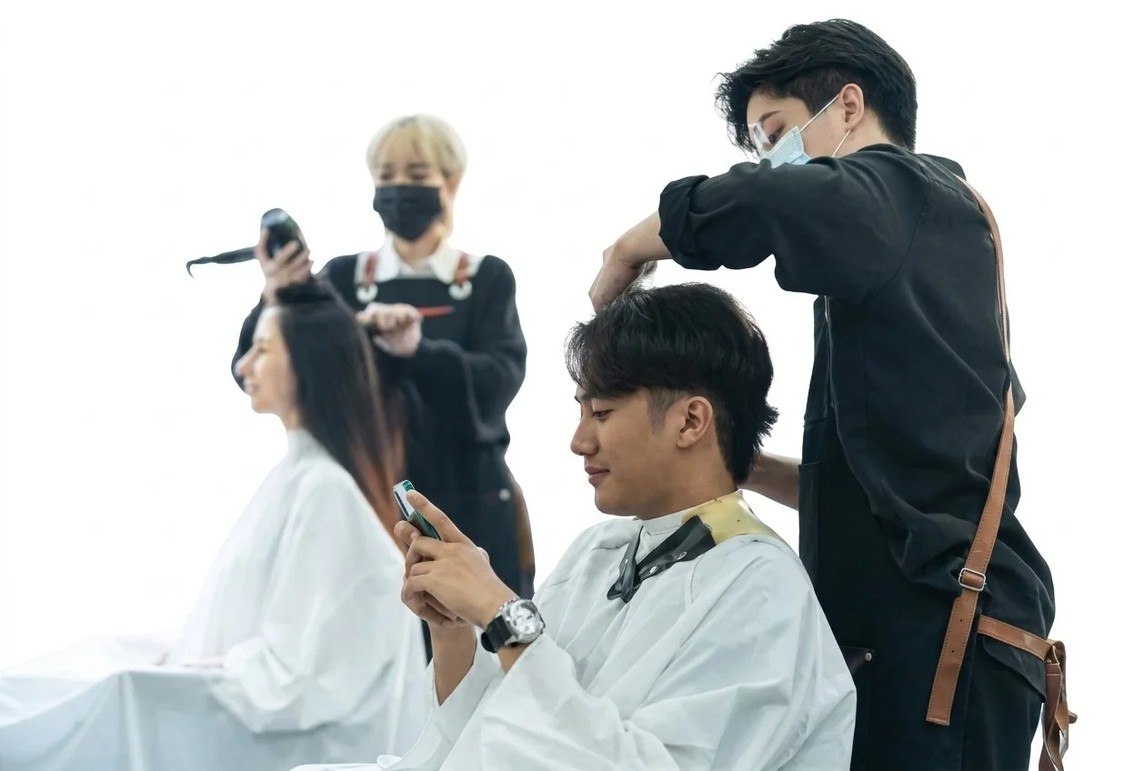 Two women and a man in a salon or barbershop, with the man receiving a haircut or hair treatment, while the woman in the background is styling the woman's hair. All are wearing face masks.