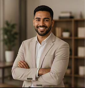 A smiling man in a beige blazer standing indoors with arms crossed, bookshelf and plant in the background.