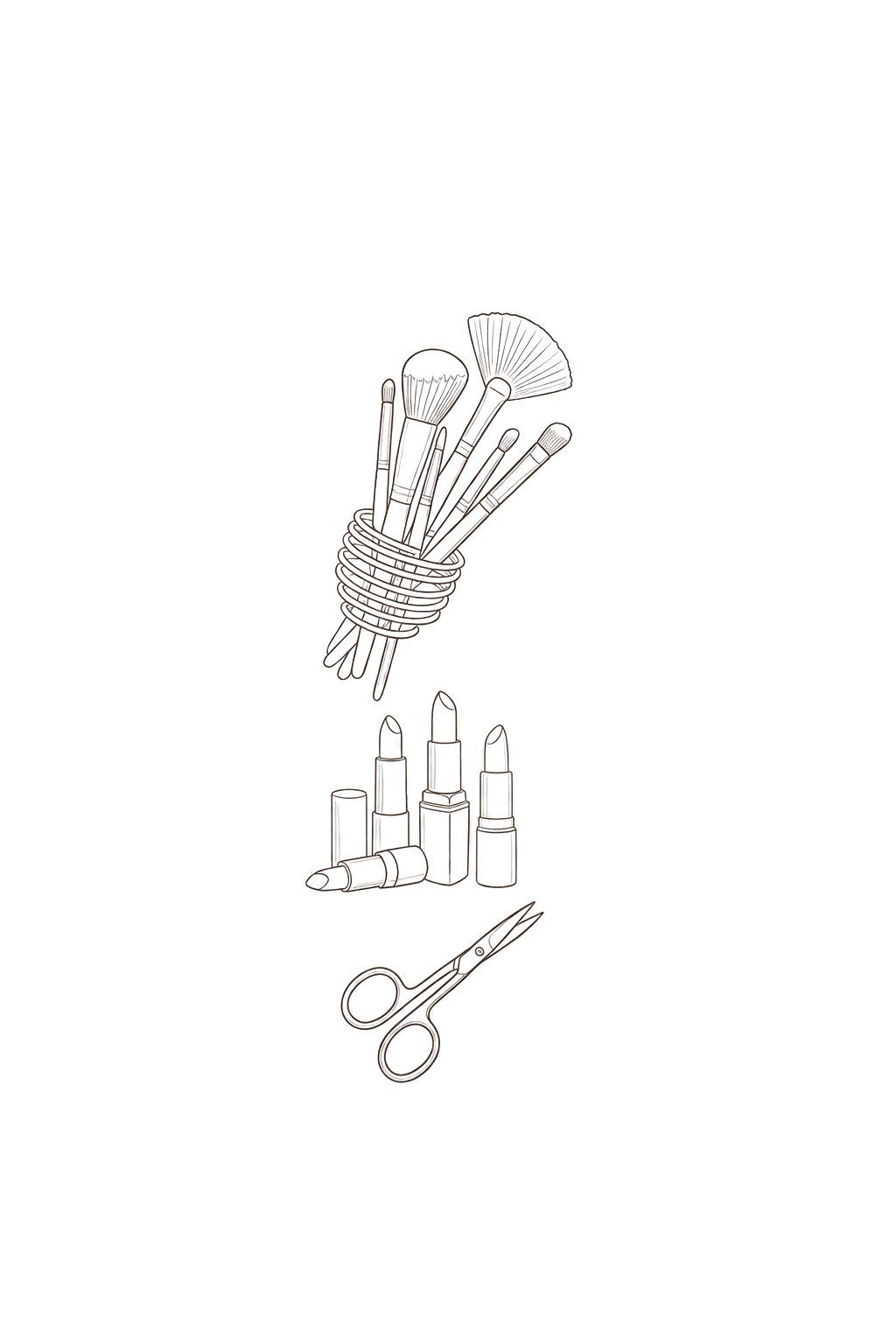 Illustration of makeup brushes in a holder, lipsticks, and scissors on a black background.