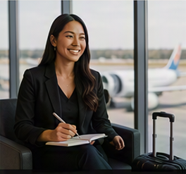 Smiling woman in black suit sitting by airport window, holding a notebook and pen, with an airplane visible outside.